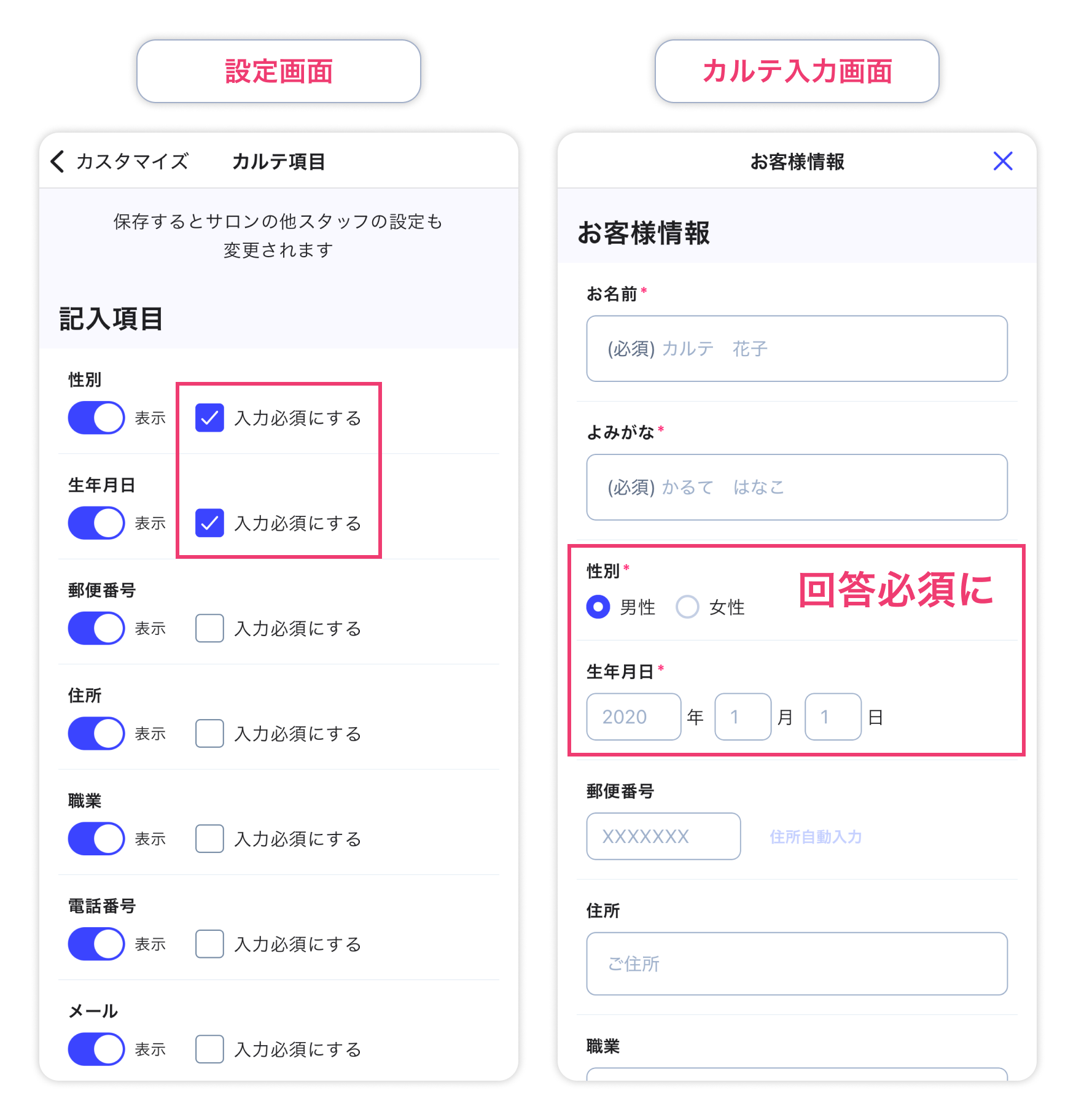 カルテ項目の必須入力設定画面